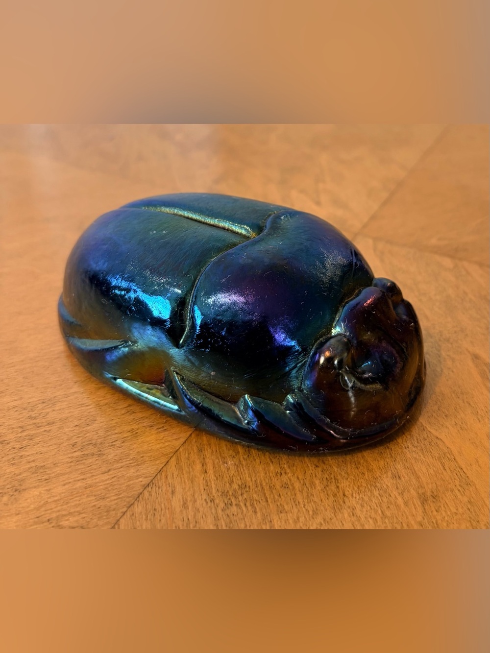 Vintage Tiffany Style scarab Cast Glass paperweight Beetle Iridescent Heavy